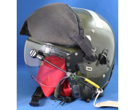 Flying clothing: a Helmet's Ltd olive green flying helmet, label 3 AEF 93, F O Henley, with visor, ear pieces and microphone,