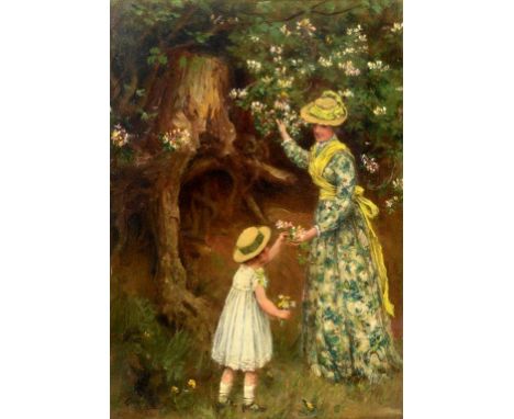 George D Carline, a mother and child picking flowers, oil on panel, signed, 28.5 x 18.5 cm  See illustration