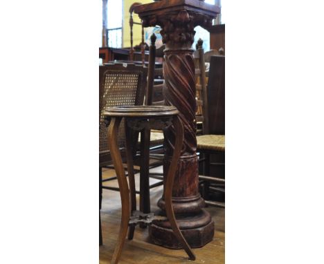 A jardiniere stand, with a marble top, another jardiniere stand, a German pottery lamp, a set of three ladder back chairs, an