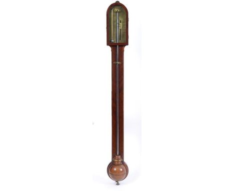 A mahogany stick barometer, with thermometer, having a brass register, 96 cm high  See illustration