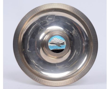 A Hawker Hunter silver ashtray, the centre having an enamel plaque inscribed Hunter, decorated a Hunter flying over a landsca