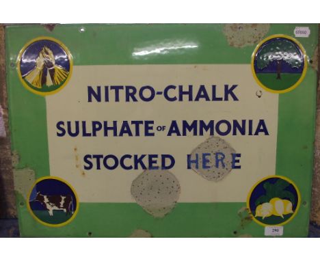 A Nitro Chalk enamel sign, blue and yellow on green, some damage