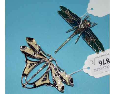 Two silver and enamel brooches, in the form of dragonflies (2)