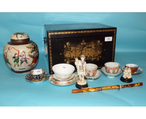 A Japanese Kakiemon style rice bowl, cover and stand, decorated quail, other tea bowls, a set of chopsticks, a lacquer caddy 