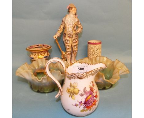 A Meissen porcelain jug, decorated flowers, 12 cm high, a Worcester vase, other ceramics, and a pair of vaseline glass bowls 