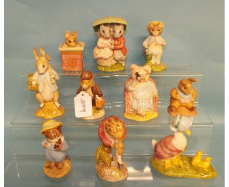 A Beswick Beatrix Potter figure, Mr Jeremy Fisher Digging, another, Johnny Town-Mouse with bag, both BP-4, five other figures