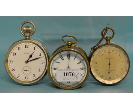 A Short & Mason compensated pocket barometer, a Goliath style pocket watch, and a desk clock (3)