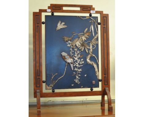 A firescreen, inset a Japanese panel decorated birds and foliage (some loss), 61 cm wide