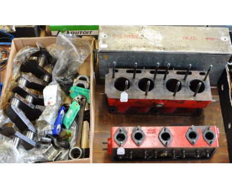 Assorted Alvis 12/50 engine components, including cylinder block, cylinder head, crankshaft, con rod and pistons, main bearin