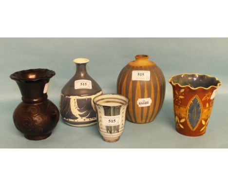 A Rye pottery beaker, 8.5 cm high, a C H Brannam Barum vase, and three other pottery vases (5)