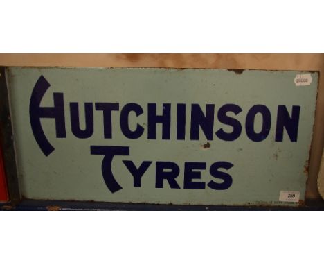 A Hutchinson Tyres enamel sign, dark blue on light blue, double sided, some light damage Condition report Report by MW

First