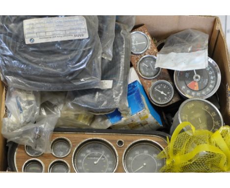 A Ford Escort GT Mark I dashboard instrument cluster, other various engine mounts and instruments (box)