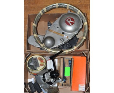 Assorted Rudge engine components and spares, including primary chain cover, Lucas magneto, fuel tank balance pipe, brake shoe