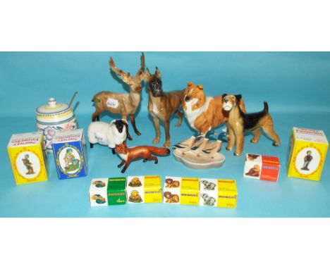A Beswick Stag, standing, light brown, 981, a Collie, 1781, both gloss, other Beswick, Poole, Wade and ceramic items (box)