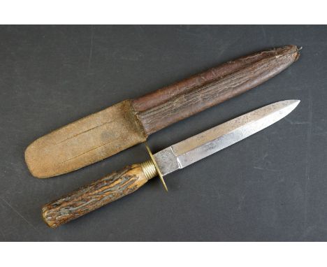 A Hunting / Fighting knife by W. Singleton &amp; Co. of Sheffield, with antler handle and leather scabbard, double edged blad