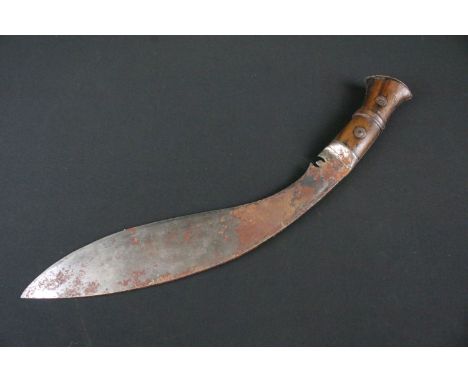 A World War Two / WW2 Mk.2 military issued Kukri knife, groove fullered steel blade, two piece wooden riveted handle, handle 