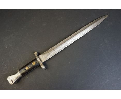 A British Pattern 1888 Lee Metford Bayonet, WD and broad arrow marked to lower blade, wooden two piece riveted handle, double