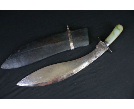 A vintage c.1930's ceremonial / tourist Kukri knife, steel blade, Jade two piece handle, blade measures approx 36cm, handle m