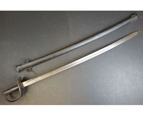 A British model 1885 pattern Cavalry sword together with scabbard, WD and broad arrow mark to blade together with various ins
