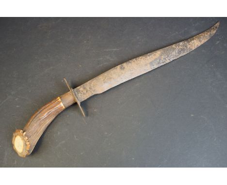 A large antique German hunting knife, steel blade measures approx 35cm, antler handle measures approx 12cm, overall length ap