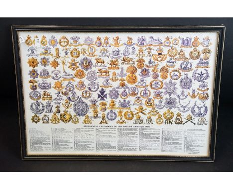 A framed and glazed Regimental Cap Badges of the British Army (Pre 1920) reference poster. 