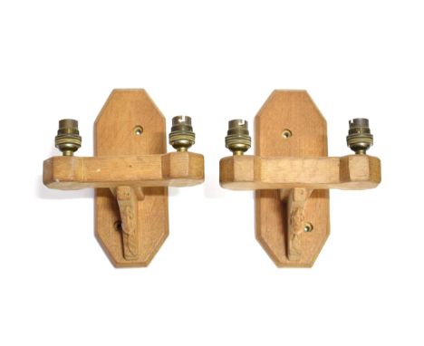 Mouseman: A Pair of Robert Thompson of Kilburn English Oak Double Wall Lights Brackets, the shaped rectangular backs mounted 