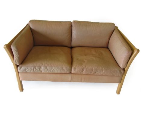 Stouby: A Danish Design Beech Framed Two-Seater Sofa, covered in light brown tan leather, with six removable cushions, 140cm 