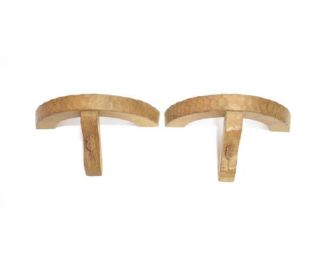 Mouseman: A Pair of Robert Thompson of Kilburn English Oak Double Wall Light Brackets, semi-circular with two upward facing e