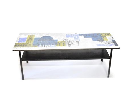 A 1950's Skyline Design Coffee Table, by John Piper for Conran, of rectangular form, with formica top depicting a landscape o