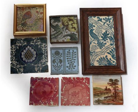 Maw and Co: Two 6'' Earthenware Picture Tiles, printed with a repeat pattern of leaves, flowers and a bird, in greyish-blue, 