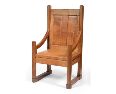 A Stanley Webb Davies (1894-1978) of Windermere English Oak Minister's Chair, panel back with thumbnail chip carving, upholst