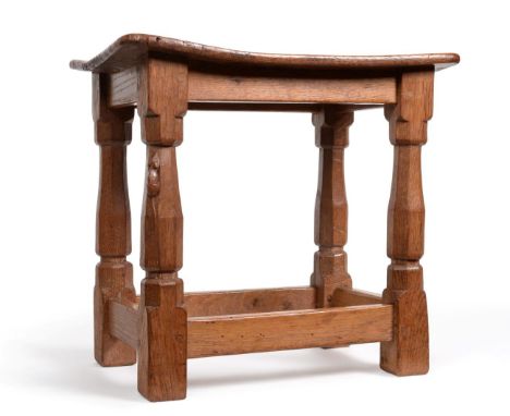 Mouseman: A Robert Thompson of Kilburn Burr Oak Dish Top Stool, circa 1950's, on four octagonal legs joined by stretchers, wi