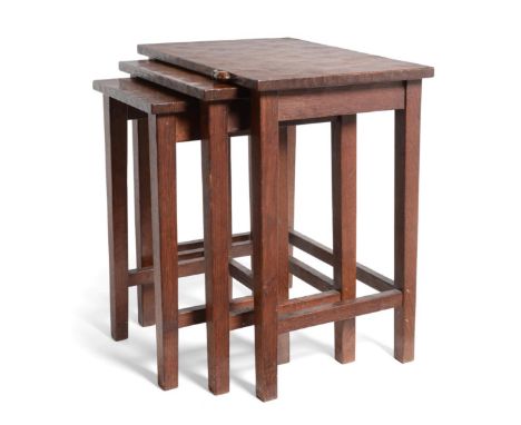 Mouseman: An Early Robert Thompson of Kilburn English Oak Nest of Three Tables, the nailed rectangular tops on four square se