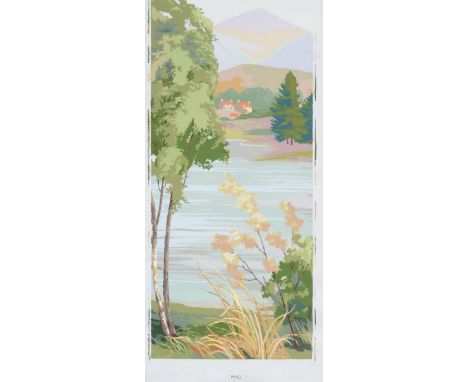 Scottish Highlands  Originally hand block printed circa 1948, a scenic mural in seven panels, depicting Loch Lomond with mist
