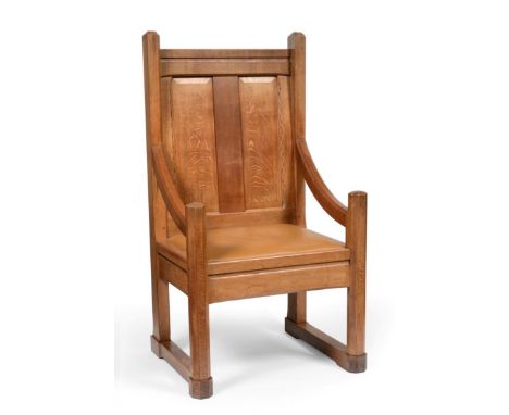 A Stanley Webb Davies (1894-1978) of Windermere English Oak Minister's Chair, panel back with thumbnail chip carving, upholst