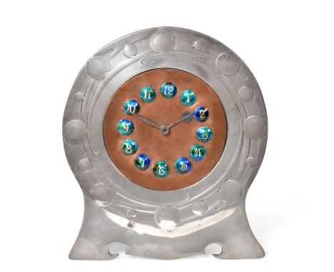 Archibald Knox (1864-1933) for Liberty &amp; Co.: A Tudric Pewter, Copper and Enamel Clock, model No.0388, the 4.25 inch circ