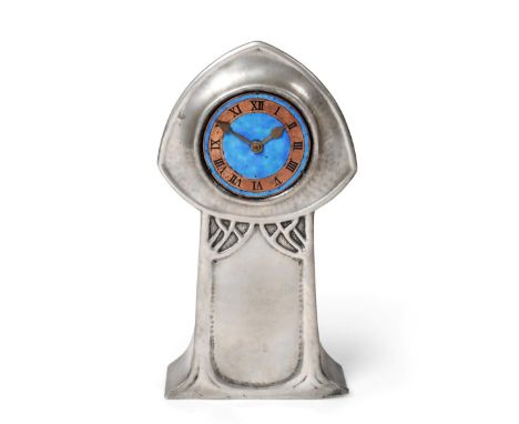 A Liberty &amp; Co Tudric Pewter and Enamel Mantel Clock, Model No.0371, 2-1/2-inch dial, Roman numeral copper chapter ring w