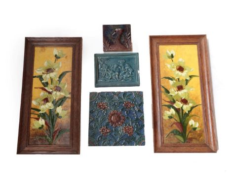 A Pair of Burmantofts Faience Pottery Plaques, impasto decorated with flowers, stamped BURMANTOFTS FAIENCE ENGLAND, 38cm by 1
