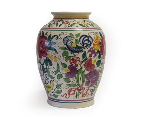 A Poole Pottery Vase, designed by Truda Carter, painted by Gwen Haskins, pattern /LE, with cockerels and birds in flowers and