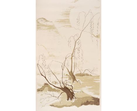 Sung Mural Original hand screen printed in the early 20th century, scenic design depicting a stylised Oriental landscape, fou