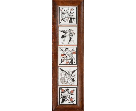 Five Minton, Hollins &amp; Co No.2 6'' Tiles, painted with birds in black with burnt red detail, moulded marks and painted ma
