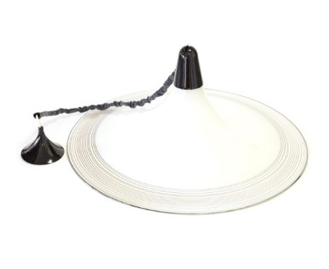 A 1980's Murano Glass Ceiling Light, tapering circular form, the white glass walls with a clear and black stripe border, unma