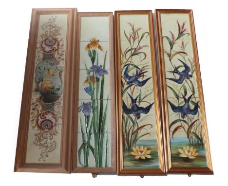 Ten Victorian Fireplace 6'' Tiles, painted with swallows in reeds above a yellow water lily, each titled numbered 1-10, mount