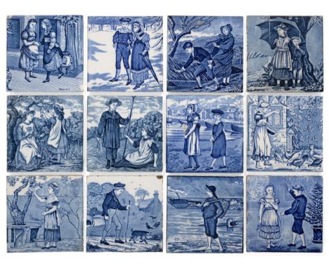 Helen J.A.Miles for Josiah Wedgwood &amp; Sons: A Matched Set of Twelve Old English 6'' Picture Tiles, blue and white transfe
