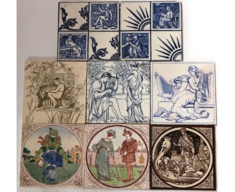 Eight Victorian Tiles: Thomas Allan (1831-1915) for Josiah Wedgwood &amp; Sons, Two 6'' Picture Tiles, blue and white transfe