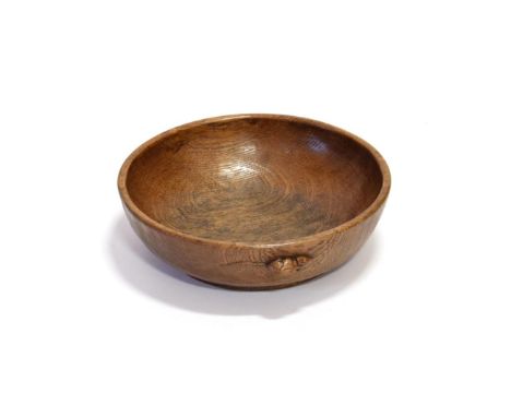 Mouseman: A Robert Thompson of Kilburn English Oak Fruit Bowl, hand adzed exterior, with carved mouse signature to the exteri