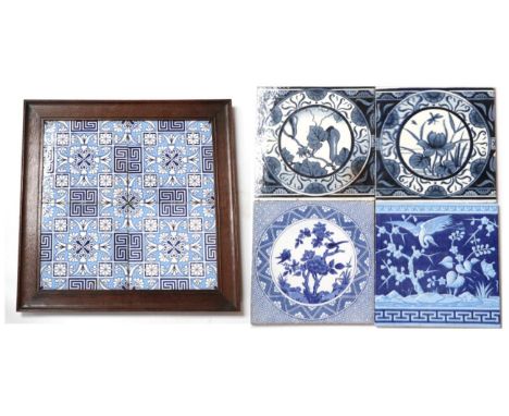 Four Minton China Works 8'' Tiles, repeating pattern in blue and white, stamped MINTON CHINA WORKS STOKE ON TRENT MADE IN ENG