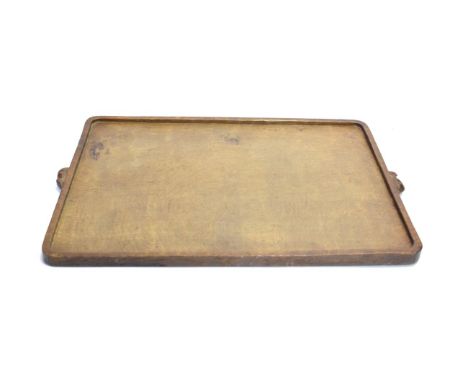 Mouseman: A Robert Thompson of Kilburn English Oak Tea Tray, of rectangular form with raised sides, adzed surface, with two m