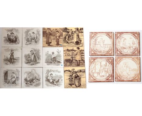 William Wise (1847-1889) for Minton China Works: A Set of Four Village Life 6'' Picture Tiles, brown block printed, c.1882, s