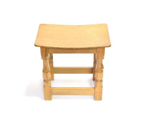Mouseman: A Robert Thompson of Kilburn English Oak Dish Top Stool, the rectangular nailed adzed top, on four octagonal legs j
